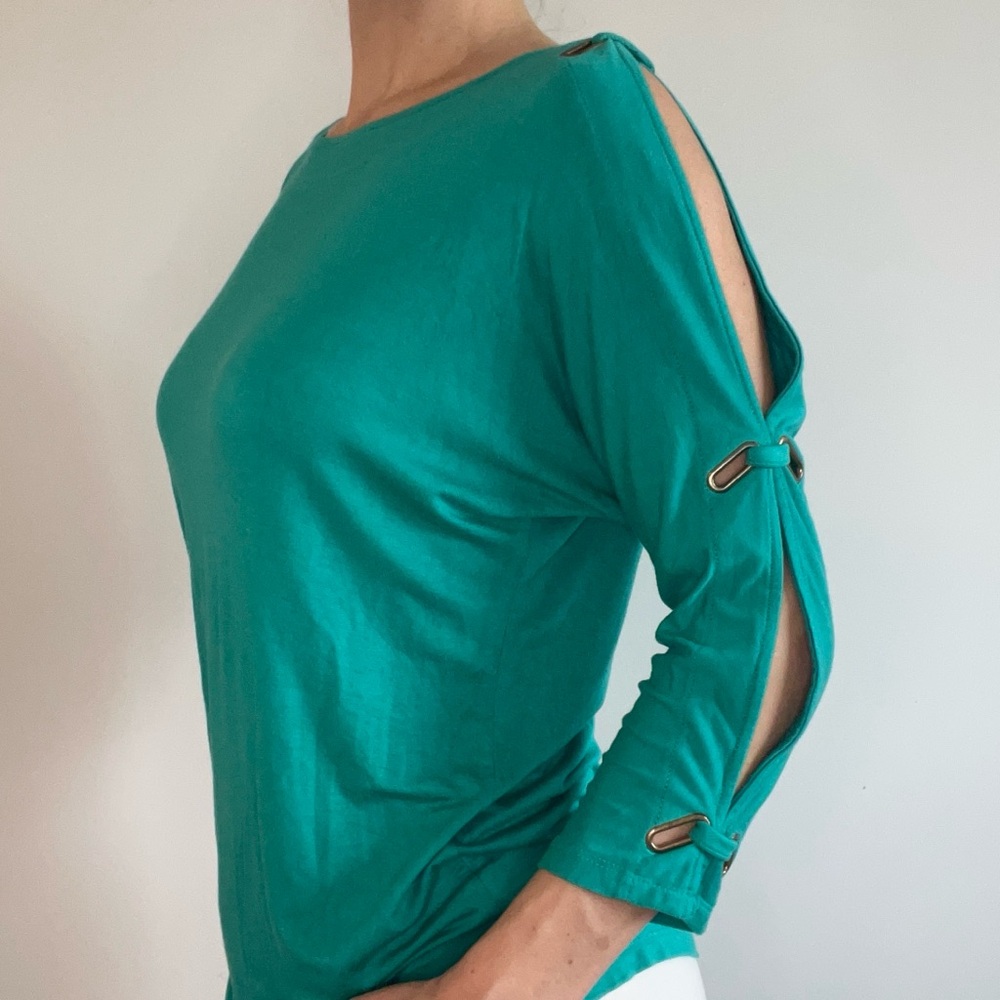 Cable & Gauge Boatneck Cold Shoulder 3/4 Sleeve Teal Top